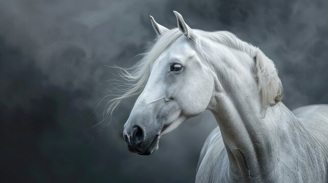 Describe the artistry of an oil painting that immortalizes the grace of a white horse with smooth skin and fur on canvas