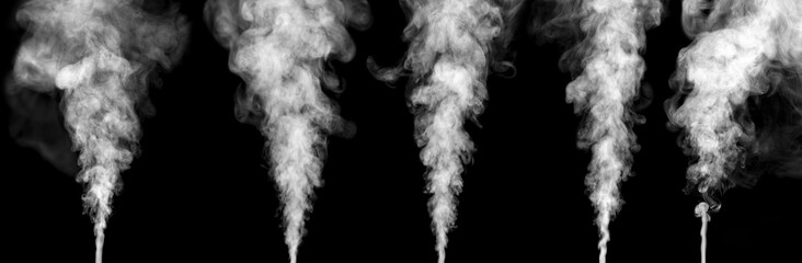 Set of swirling white smoke group isolated a on black