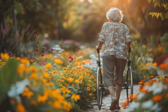 Serene image of an elderly woman using a walker while walking through a colorful garden, symbolizing the peace of old age