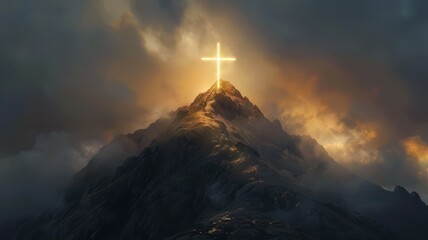 Cross in light on top of a mountain created with Generative AI - obrazy, fototapety, plakaty