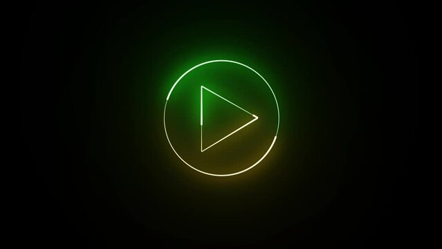 Neon glowing Play button animation on black background. Play button icon neon animation. Music play button icon animation. Animated play button icon with a glowing neon effect.