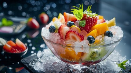 The Korean dish Patbins dessert is made from crushed ice and with various sweet additives: sliced fruits, condensed milk, fruit syrup, ice cream.