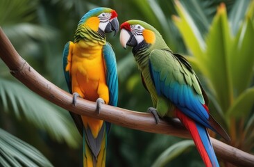 Obraz premium Multi-colored macaw parrots sit on a branch in the tropical jungle