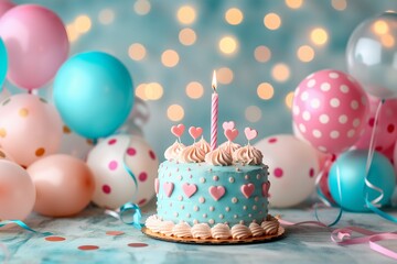 Bright-eyed confectionery delight, crowned with candle and heart-shaped toppers, nestles among buoyant balloons under a shimmering light cascade. Cheerful baked masterpiece, its surface adorned