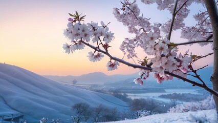 Beautiful cherry blossom in winter season with snow and sunset background