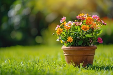 Fototapeta na wymiar Fresh daisy flowers in pot on green grass on blurred green garden background