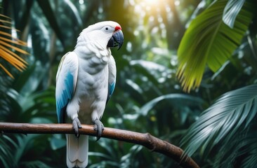 Obraz premium A white parrot with blue wings sits on a tree branch in the jungle with sun rays
