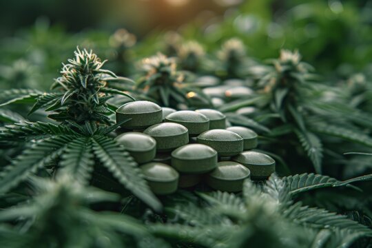 Close-up of green medicinal pills on vibrant cannabis leaves, suggesting alternative healthcare