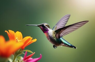 Close-up. Hummingbird flies near a flower on a blurred background