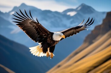 Obraz premium Eagle flies against the backdrop of a mountain landscape