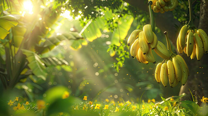National Banana Day, bananas bunch hanging from tree in nature blur background, art can be used for printings, menu cards, promotions, advertising, background, brochure, banners, and social media. - obrazy, fototapety, plakaty