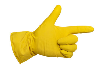 A hand in yellow rubber gloves shows the index finger on a white background. Isolate rubber gloves...