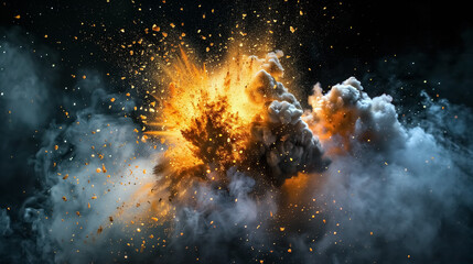 Creative photo of a big explosion with flames, smoke and sparks on a black background.
