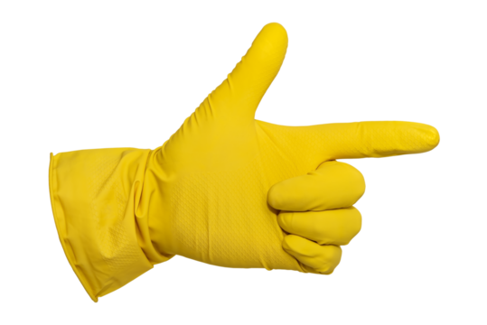 A hand in yellow rubber gloves shows the index finger on a white background. Isolate rubber gloves for cleaning and washing dishes