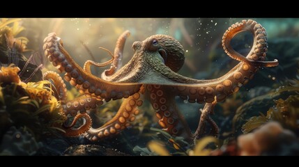 Dive into the marine world with a prompt capturing the elegance of an octopus in the ocean - obrazy, fototapety, plakaty
