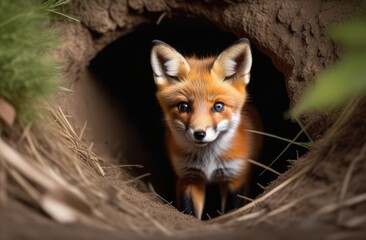 Close-up. Little fox crawls out of a hole in the forest