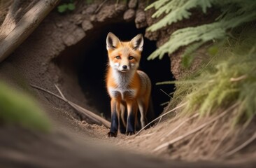 Little fox crawls out of a hole in the forest