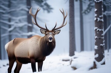 Close-up of a deer in a snowy forest