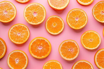Fototapeta premium Pattern of ripe orange slices on pink background