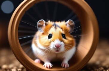 Orange and white hamster in a wheel