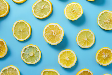 Pattern of ripe lemon slices on blue background