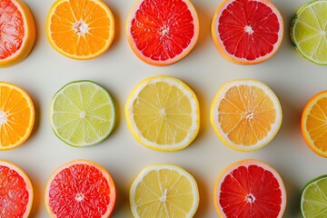 Pattern of ripe slices of citrus fruits on white background