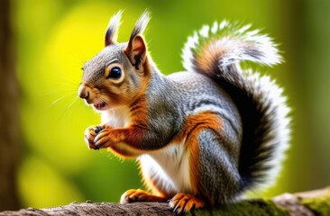 Obraz premium Close-up. Squirrel sitting on a tree in the forest