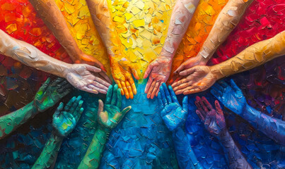 A vibrant celebration of corporate unity and collaboration, hands joined together in solidarity and teamwork, vivid colors symbolizing synergy & diversity fuels success in modern business landscape - obrazy, fototapety, plakaty