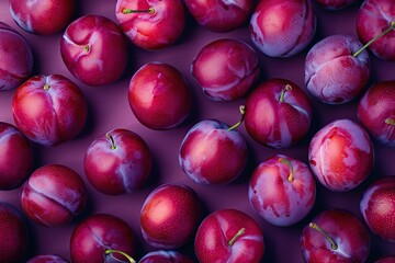 Pattern of ripe plums on purple background