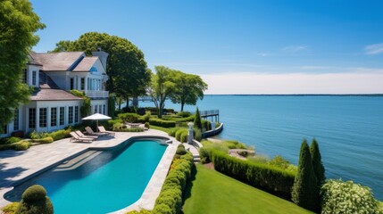 Fototapeta premium Mediterranean inspired villa with a sprawling garden and a private beach access in the exclusive Hamptons, New York