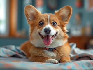 Cheerful corgi dog lounging on bed, dog photography with shallow depth of field - Powered by Adobe