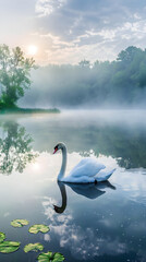 Graceful Swan on a Serene Lake under the Dawn Sky: A Symphony in Monochrome