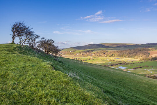 A rural South Downs view over the Cuckmere Valley, on a sunny spring day