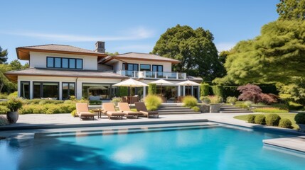Fototapeta premium Mediterranean inspired villa with a sprawling garden and a private beach access in the exclusive Hamptons, New York