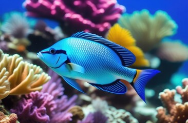 Close-up. A blue fish with yellow stripes swims past the corals