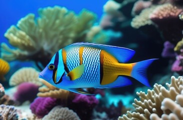 Fototapeta na wymiar A blue fish with yellow stripes swims past the corals