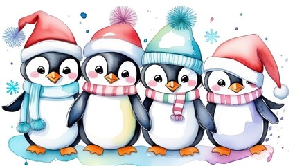 Fototapeta premium Cute penguins in red santa claus hats, christmas and new year concept