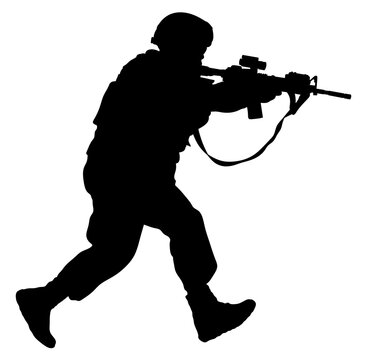 recommend clip art: Silhouette of a soldier with a weapon clipart. Military exercises. Infantryman running with a rifle. The concept of service in the army. 