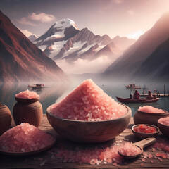 A Serene Himalayan Salt Harvest at the Foot of Majestic Snow-Capped Peaks - obrazy, fototapety, plakaty