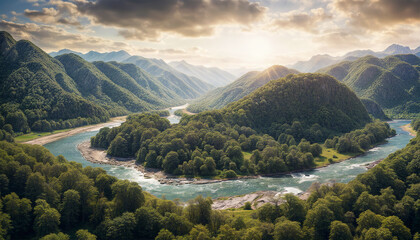 Mountain river. Mountain landscape. Panorama of a winding river among mountains and forests at sunset