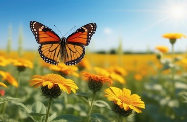 Obraz premium Close-up. A butterfly flies over flowers in a sunny meadow