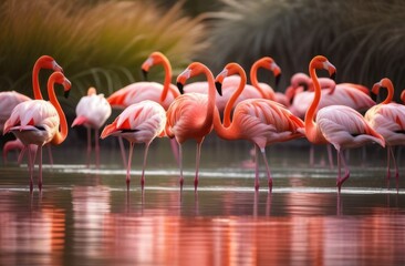 Flamingos stand on the river. Pink flamingos in the wild