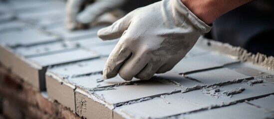 A person wearing protective gloves is carefully placing a brick into a wall, working on construction - obrazy, fototapety, plakaty