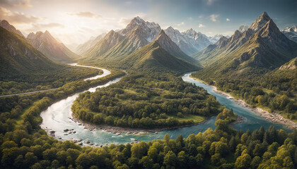 Mountain river. Mountain landscape. Panorama of a meandering river among mountains and forests at sunset