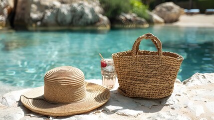 A straw hat, a drink, and a bag are placed by the pool.
