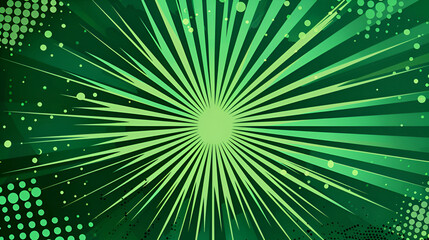 Obraz premium Comic book abstract template with rays and halftone ,Humor effects on radial background. Illustration in magazine style, trendy colors ,Copyspace for advertising or design. Dotted, geometric green.