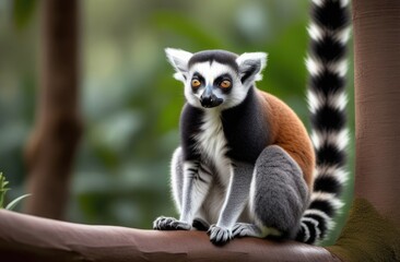 Close-up. Lemur sits on a tree. Lemur in the wild
