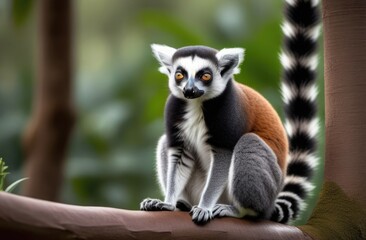 Fototapeta premium Close-up. Lemur sits on a tree. Lemur in the wild