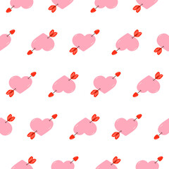 Seamless pattern features stylized pink hearts pierced by red arrows. Ideal design for a love and Valentines Day sentiments, festive decoration or thematic backgrounds. Hand-drawn style.