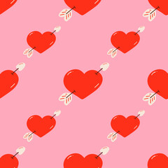 A playful and romantic seamless pattern. Vibrant red love hearts with adorable arrows of a soft pink background. Ideal for festive occasions or thematic designs.